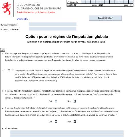 Aperçu du document Annexe: "Option pour le régime de l'imputation globale" — Annexes, Luxembourg (CERFA n°501 F)