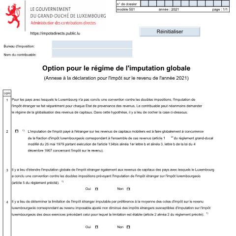 Aperçu du document Annexe: "Option pour le régime de l'imputation globale" — Annexes, Luxembourg (CERFA n°501 F)