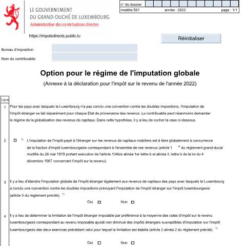 Aperçu du document Annexe: "Option pour le régime de l'imputation globale" — Annexes, Luxembourg (CERFA n°501 F)