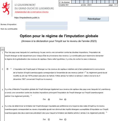 Aperçu du document Annexe: "Option pour le régime de l'imputation globale" — Annexes, Luxembourg (CERFA n°501 F)