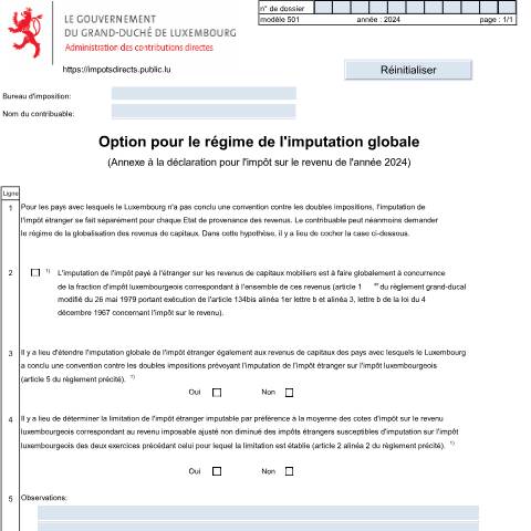 Aperçu du document Annexe: "Option pour le régime de l'imputation globale" — Annexes, Luxembourg (CERFA n°501 F)