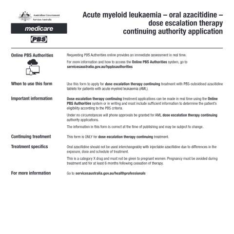 Document preview: Acute myeloid leukaemia - oral azacitidine - dose escalation therapy continuing authority application form (PB355) — Services Australia — Health professionals, Australia (CERFA n°PB355)