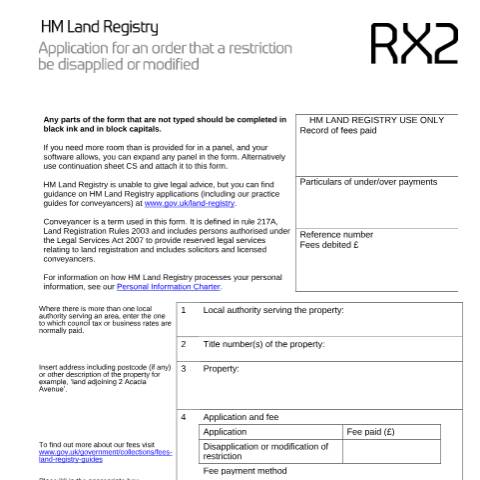 Document preview: Order to disapply or modify restriction: registration (RX2) — HM Land Registry, United Kingdom