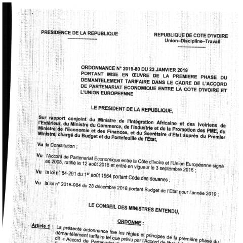 Aperçu du document Ordonnance n°2019-80 portant mise en œuvre de la 1ere phase du démantèlement tarifaire dans le cadre de l'APE entre la CI et UE — Document douanier officiel, Côte d'Ivoire