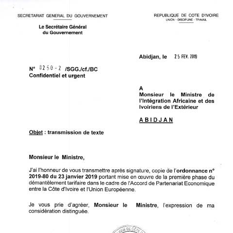 Aperçu du document Ordonnance phase 1 demantelement tarifaire signee — APEI (accord de partenariat économique), Côte d'Ivoire