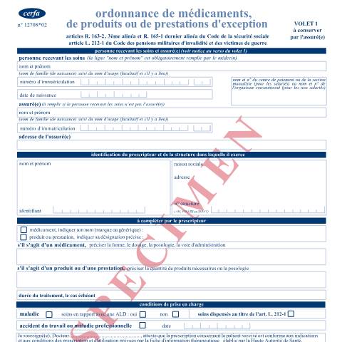 Aperçu du document Ordonnance de médicaments ou de produits et prestations d'exception — Particuliers, France (CERFA n°12708*02)