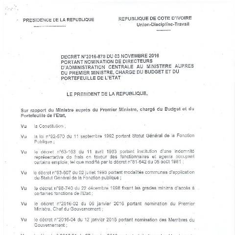 Aperçu du document decret 2016 878 — Organigramme, Côte d'Ivoire