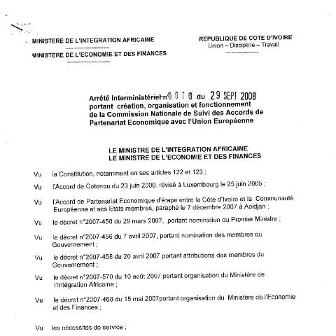 Aperçu du document Arrete Commission Nationale APE — APEI (accord de partenariat économique), Côte d'Ivoire