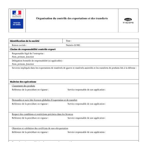 Aperçu du document Organisation du contrôle des exportations et des transferts — Professionnels, France (CERFA n°16218*01)