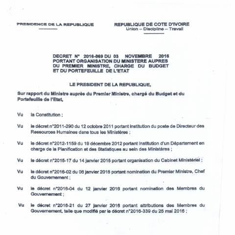 Aperçu du document decret 2016 869 — Organigramme, Côte d'Ivoire