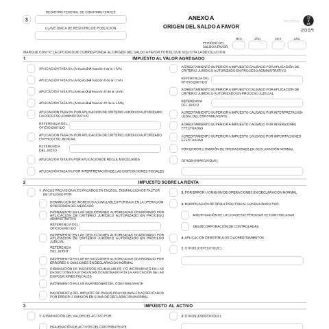 Vista previa del documento Origen del saldo a favor. Esta forma es de libre impresión. *Programa electrónico — Código Fiscal de la Federación (CFF), México (CERFA n°Anexo A de las formas oficiales 32 y 41)