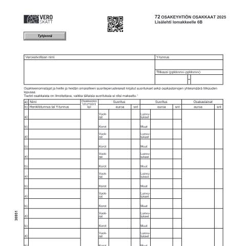 Document preview: 72 Osakeyhtiön osakkaat – lisälehti 6B-lomakkeelle (3095) — 72 Osakeyhtiön osakkaat – lisälehti 6B-lomakkeelle (3095), Suomi (CERFA n°Vero 3095)