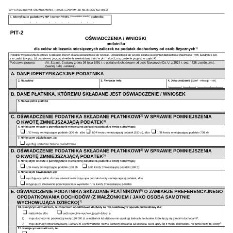 Document preview: Oświadczenie pracownika dla celów obliczania miesięcznych zaliczek na podatek — PIT, Polska (CERFA n°PIT-2)