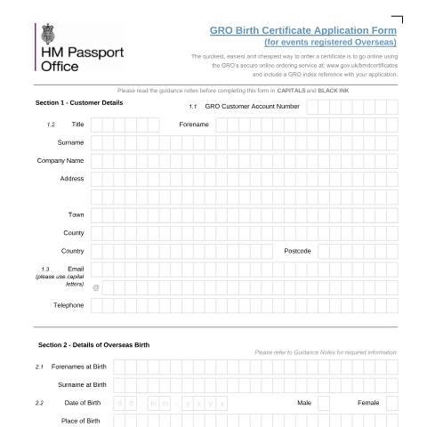 Document preview: Overseas birth certificate — HM Passport Office, United Kingdom