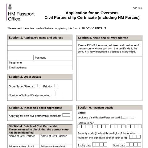 Document preview: Overseas civil partnership application form — HM Passport Office, United Kingdom