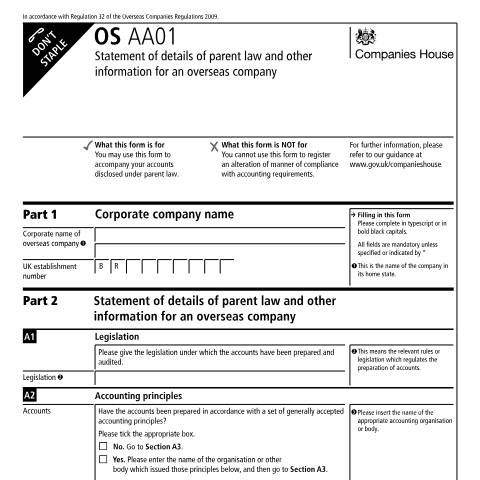 Document preview: Provide a statement of details of parent law and other information for an overseas company (OS AA01) — Companies House, United Kingdom