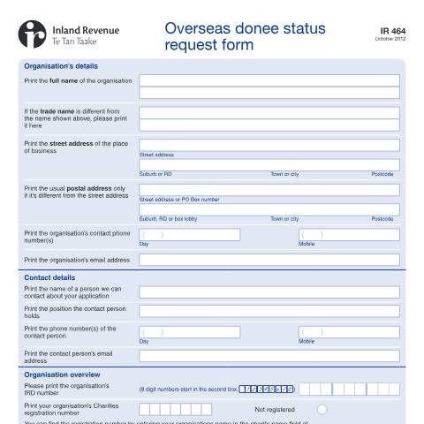 Document preview: Overseas donee status request form — International, New Zealand (CERFA n°IR464)