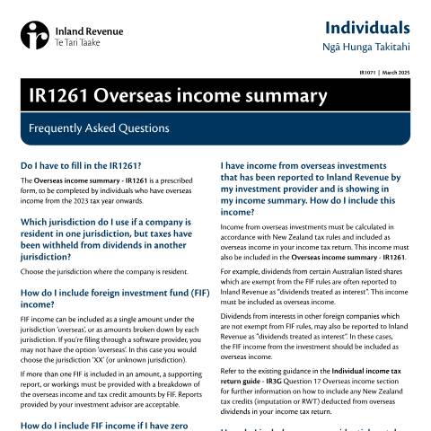 Document preview: Overseas income summary FAQs — Income tax, New Zealand (CERFA n°IR1071)