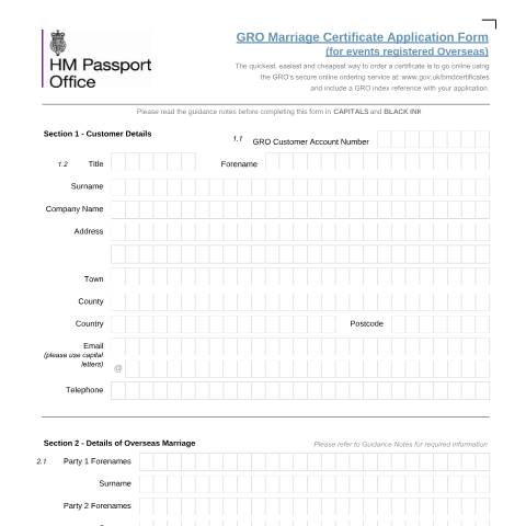 Document preview: Overseas marriage certificate — HM Passport Office, United Kingdom