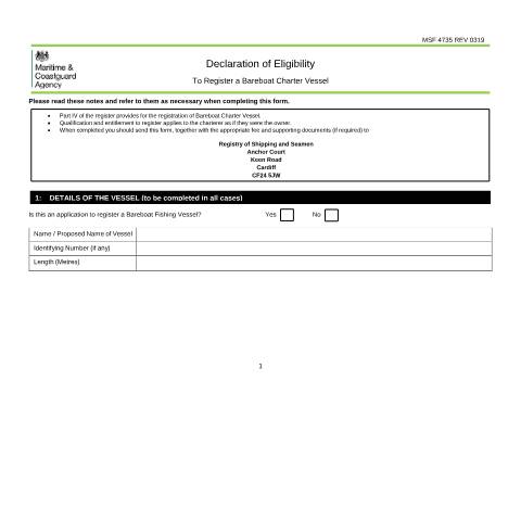 Document preview: Owner eligibility to register a bareboat charter MSF 4735 — Maritime and Coastguard Agency, United Kingdom