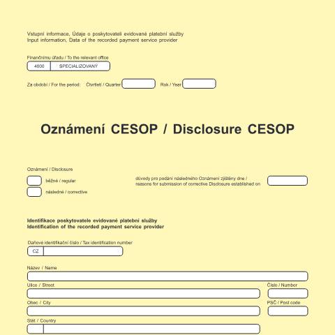 Document preview: Oznámení CESOP - Údaje o poskytovateli evidované platební služby — Daň z přidané hodnoty — Všeobecné, Česko (CERFA n°25 5262)