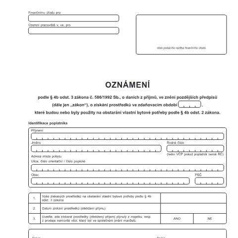 Document preview: Oznámení o získání prostředků, které budou nebo byly použity na obstarání vlastní bytové potřeby — Daň z příjmů fyzických osob — Všeobecné, Česko (CERFA n°25 5259)