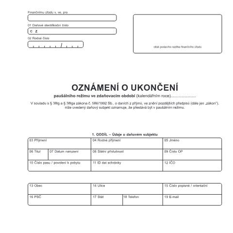 Document preview: Oznámení o ukončení paušálního režimu — Daň z příjmů fyzických osob — Všeobecné, Česko (CERFA n°25 5258)