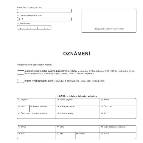 Document preview: Oznámení o změně zvoleného pásma paušálního režimu nebo o jiné výši paušální daně — Daň z příjmů fyzických osob — Všeobecné, Česko (CERFA n°25 5260)