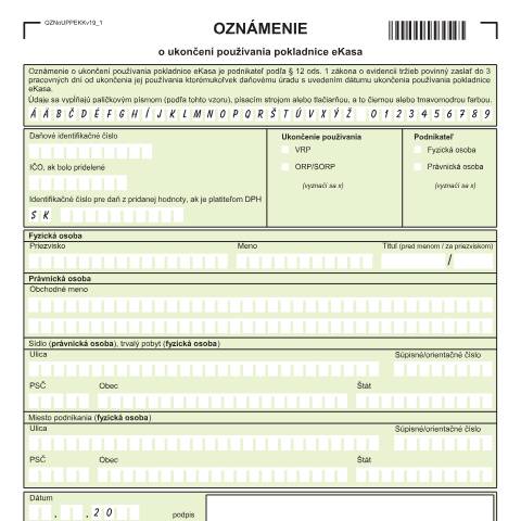 Document preview: OZNoUPPEKKv19 — Iné, Slovensko (CERFA n°OZNoUPPEKKv19)