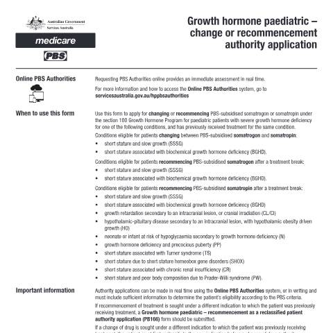 Document preview: Growth hormone paediatric - change or recommencement authority application  form (PB165) — Services Australia — Health professionals, Australia (CERFA n°PB165)