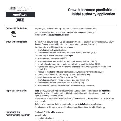 Document preview: Growth hormone paediatric - initial authority application form (PB162) — Services Australia — Health professionals, Australia (CERFA n°PB162)
