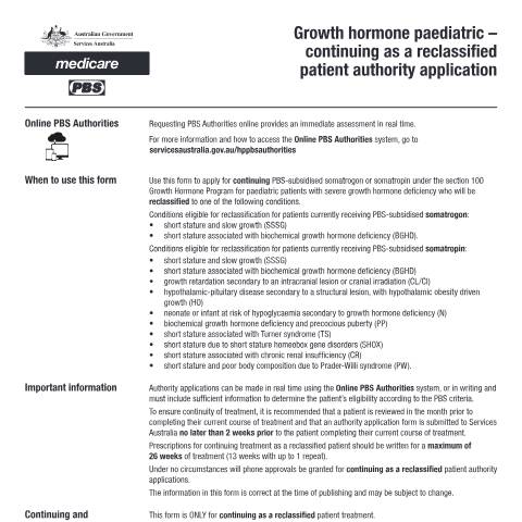 Document preview: Growth hormone paediatric - continuing as a reclassified patient authority application form (PB164) — Services Australia — Health professionals, Australia (CERFA n°PB164)