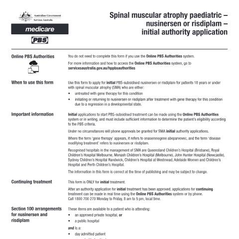 Document preview: Spinal muscular atrophy paediatric - nusinersen or risdiplam - initial authority application form (PB233) — Services Australia — Health professionals, Australia (CERFA n°PB233)