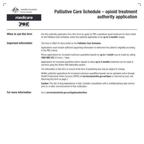 Document preview: Palliative Care Schedule - opioid treatment authority application form (PB306) — Services Australia — Health professionals, Australia (CERFA n°PB306)
