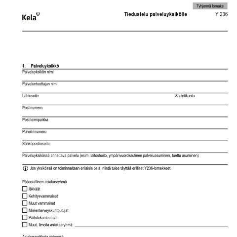 Document preview: Tiedustelu palveluyksikölle — Asuminen, Suomi (CERFA n°Kela Y 236)