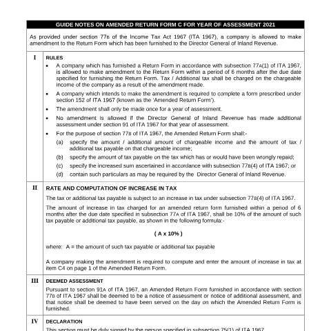 Document preview: Guide Notes on Amended Return Form C 2021 — Company, Malaysia