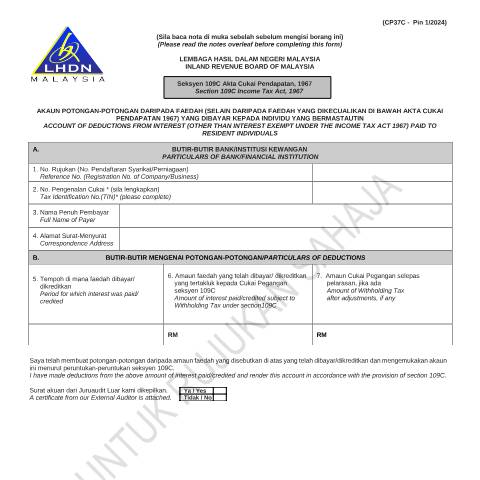 Document preview: Form CP37C Pin 1/2024 — Withholding Tax, Malaysia (CERFA n°CP37C)