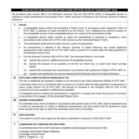 Document preview: Guide Notes on Amended Return Form CPP 2018 — Petroleum, Malaysia (CERFA n°BE)