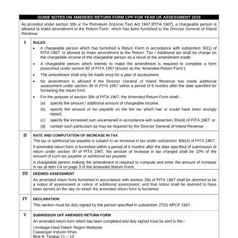 Document preview: Guide Notes on Amended Return Form CPP 2019 — Petroleum, Malaysia (CERFA n°BE)