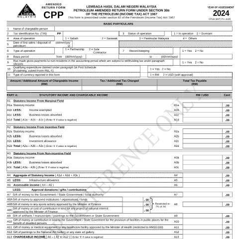 Document preview: Guide Notes of Amended Return Form CPP 2024 — Petroleum, Malaysia