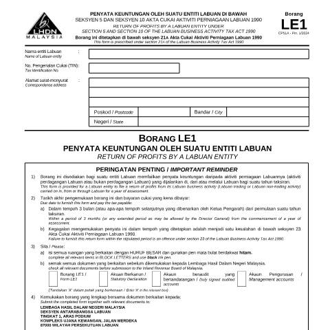Document preview: Form LE1 — Labuan Entity, Malaysia