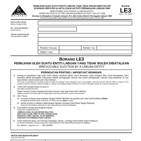 Document preview: Form LE3 — Labuan Entity, Malaysia