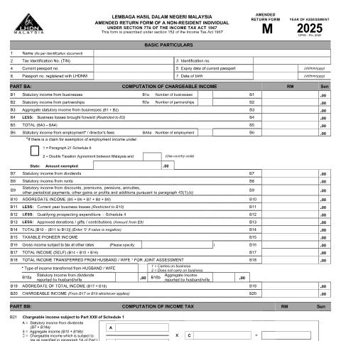 Document preview: Amended Return Form M 2025 — Individual, Malaysia