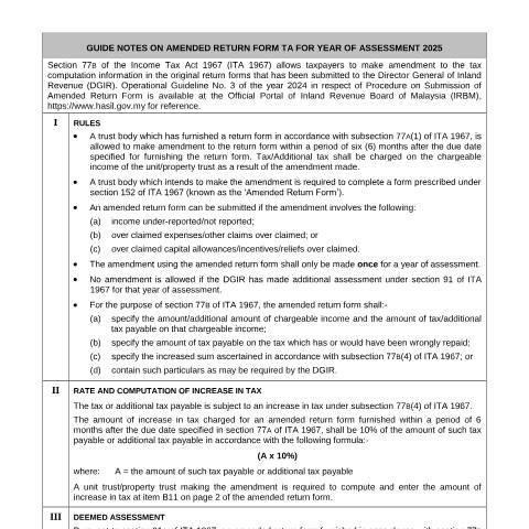 Document preview: Guide Notes of Amended Return Form TA 2025 — Non-Company and Non-Individual, Malaysia (CERFA n°TA)