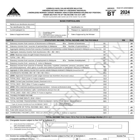 Document preview: Amended Return Form BT 2024 — Individual, Malaysia (CERFA n°BT)