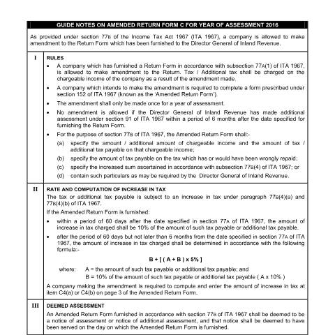 Document preview: Guide Notes on Amended Return Form C 2016 — Company, Malaysia