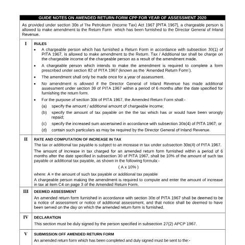 Document preview: Guide Notes on Amended Return Form CPP 2020 — Petroleum, Malaysia