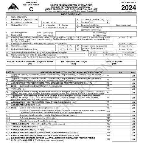 Document preview: Sample Amended Return Form C 2024 and Appendices — Company, Malaysia