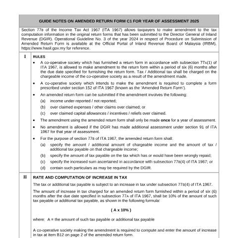 Document preview: Guide Notes of Amended Return Form C1 2025 — Non-Company and Non-Individual, Malaysia
