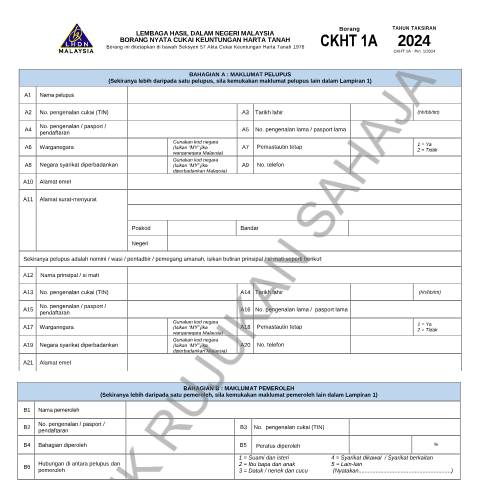Document preview: • Contoh Borang CKHT 1A 2024 — RPGT (Real Property Gains Tax), Malaysia (CERFA n°CKHT 1A)